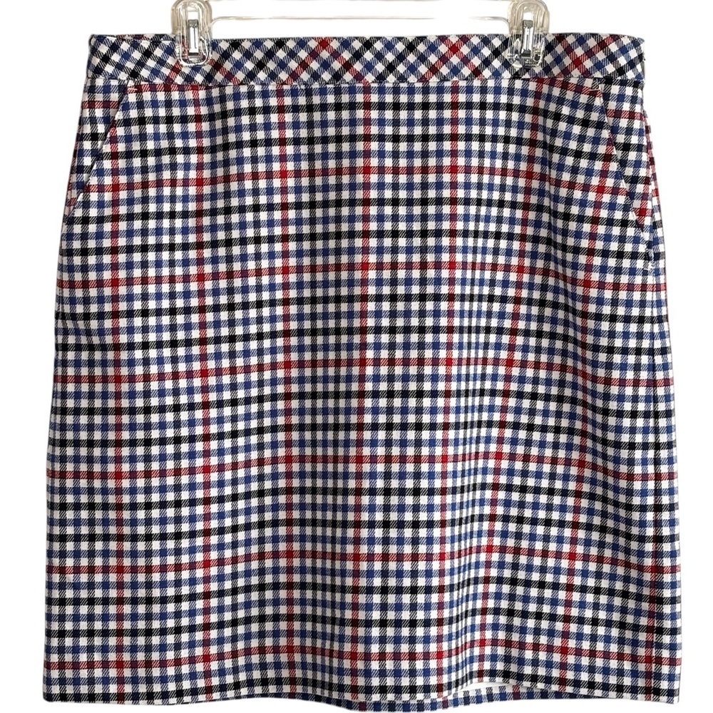 Talbots Skirt Pencil Size 14 Red White & Blue Checked Plaid Lined Cotton Blend